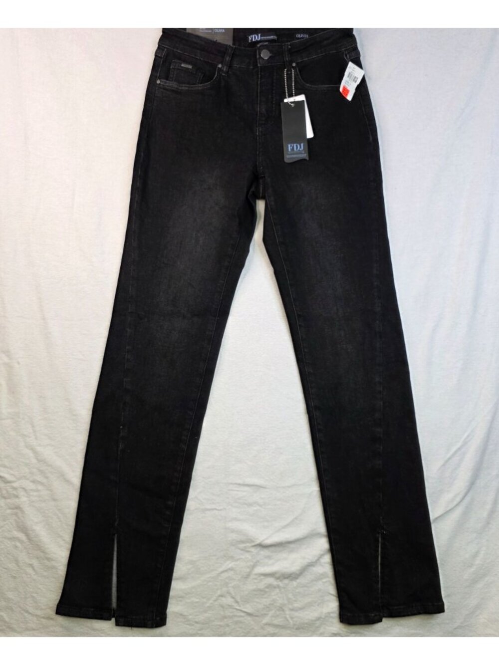 FDJ Olivia Mid Rise Slim Fit Jeans 6 Black Wash Denim Slit Hem Streetwear Retro